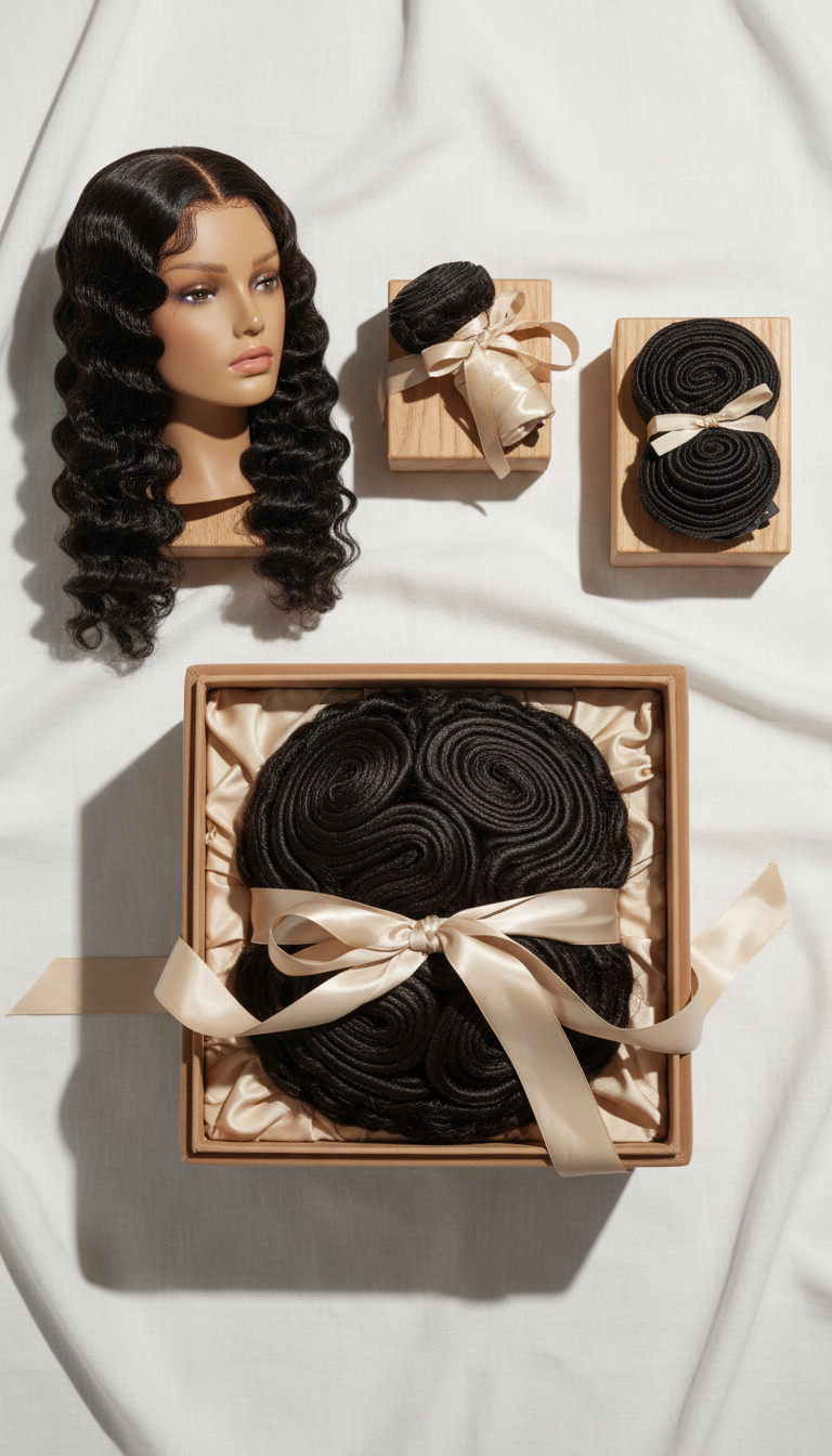 Deep wave hair bundle in velvet-lined box